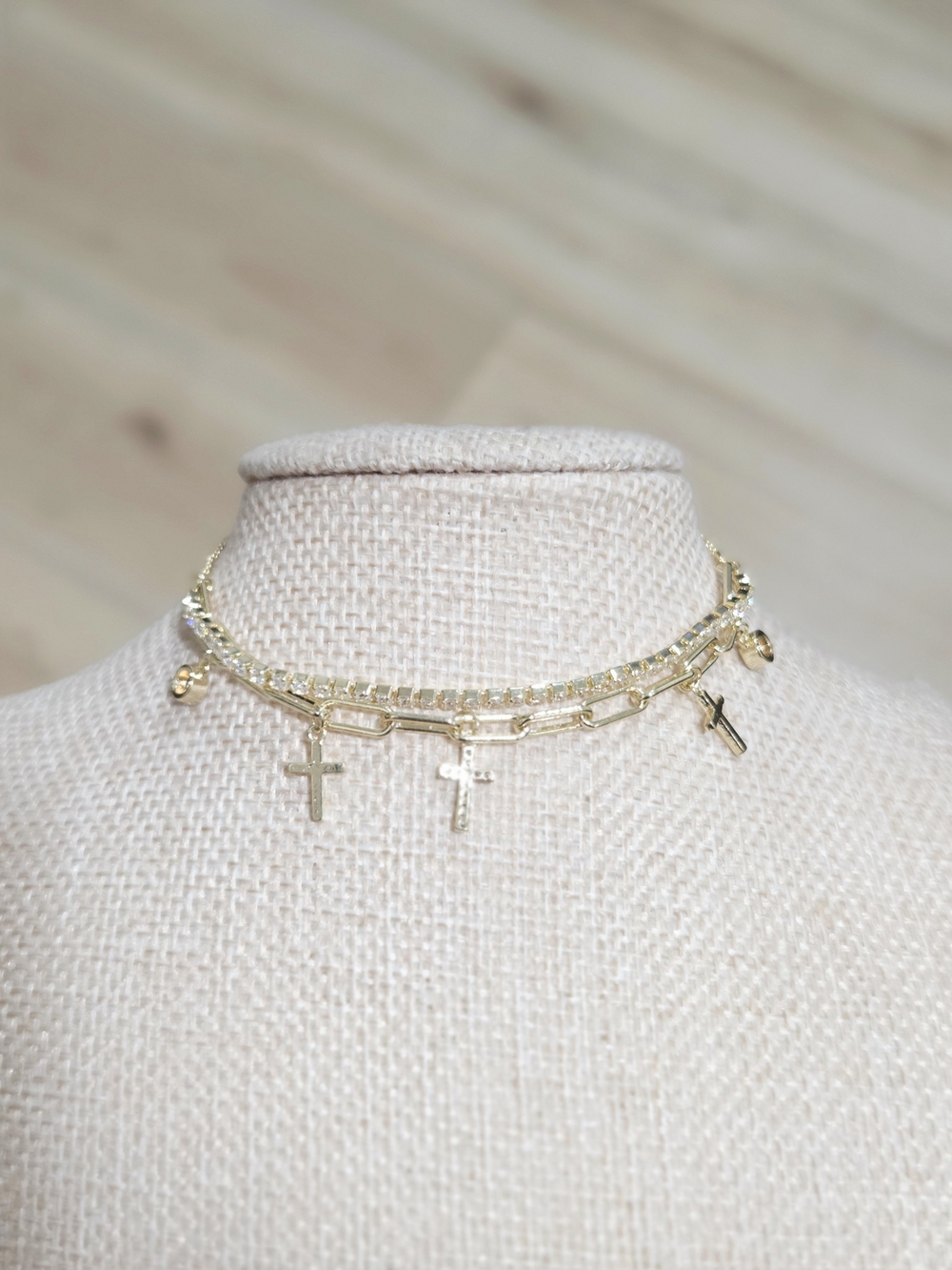 Gold Cross Charm Layered Bracelet W/ Pull Tab Closure